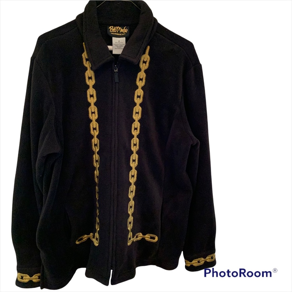 Bob Mackie Black Fuzzy Gold Chain Detail Zip Up Sweater Jacket Size M